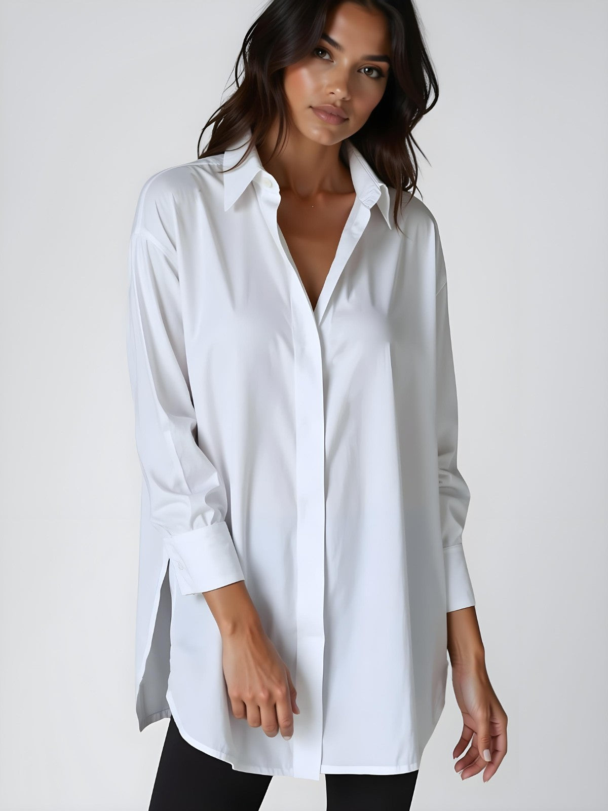Woman wearing a white buttoned long shirt dress, standing and facing forward to show the fit and style.