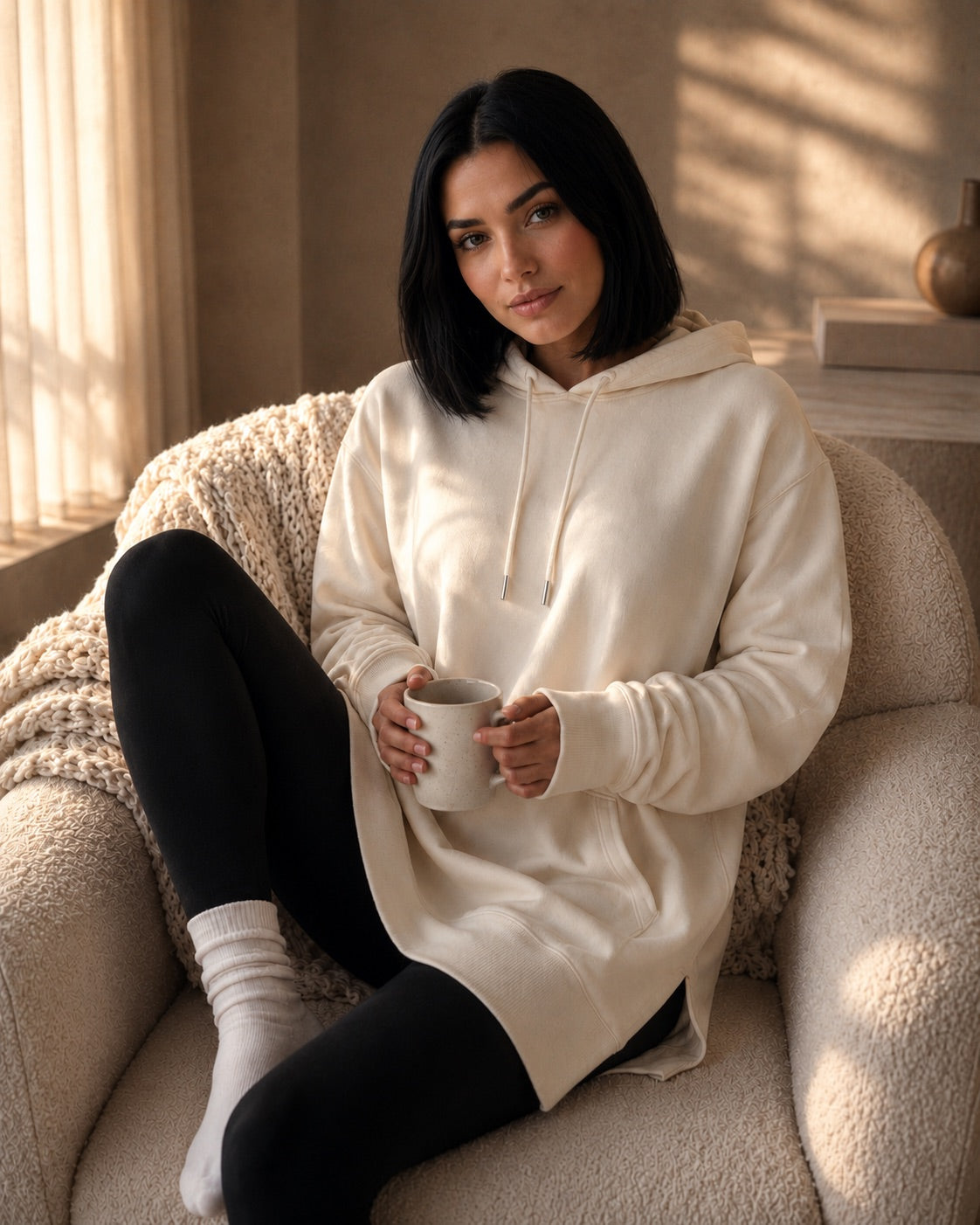Woman opening a Warmy hoodie dress gift