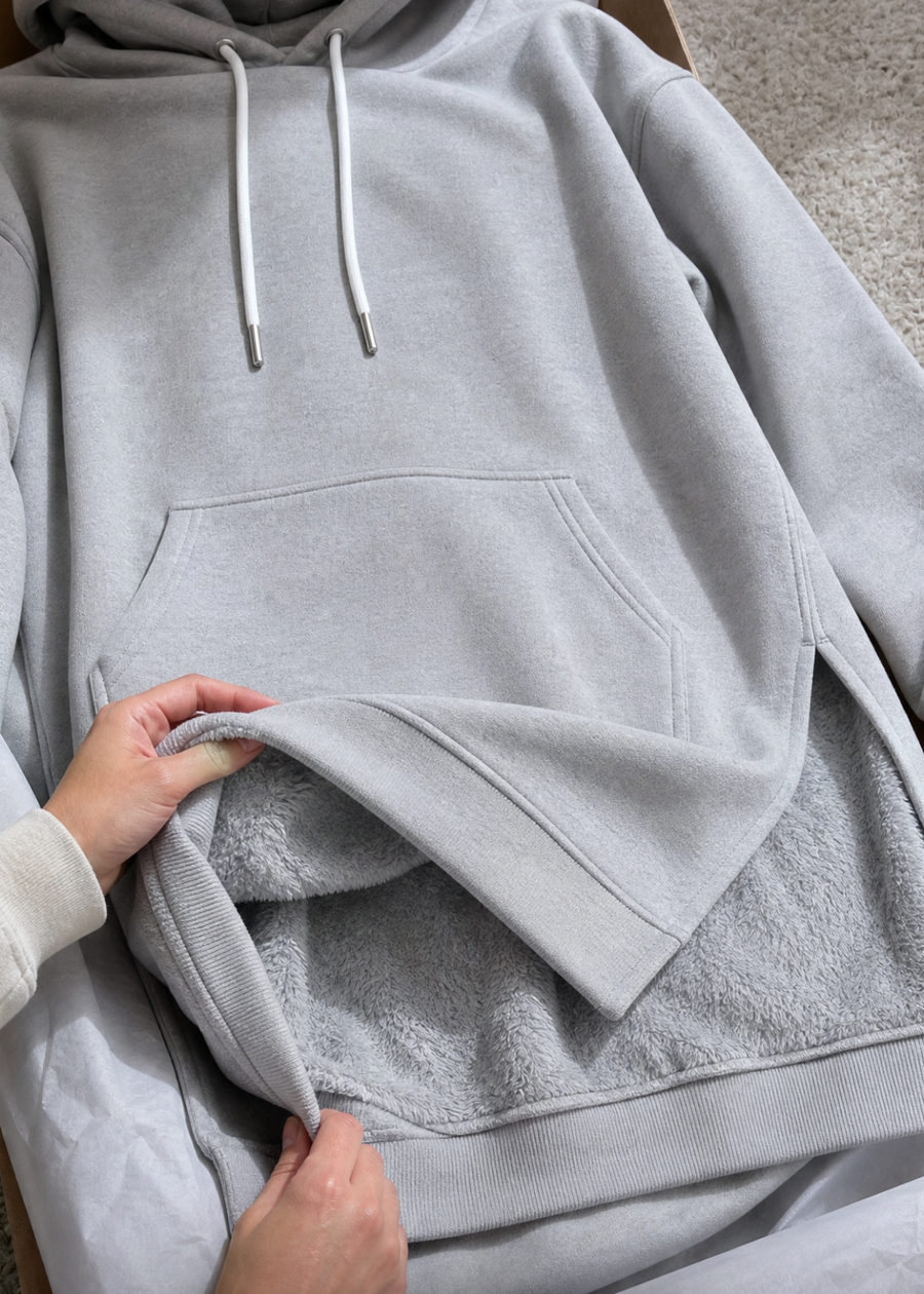 The hem of the hoodie dress turned out to show the matching fleece interior