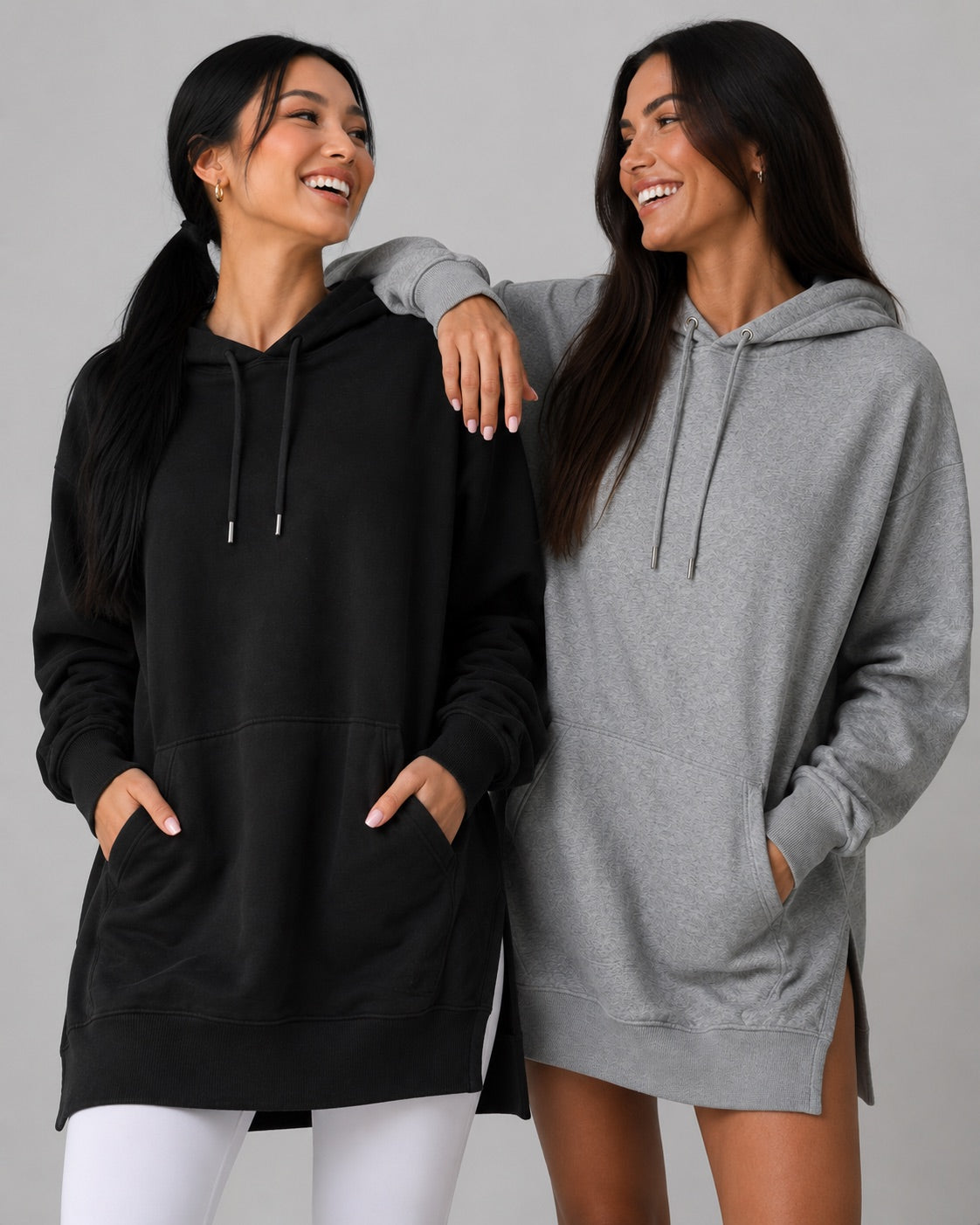 Homepage hero group wearing Warmy hoodie dresses